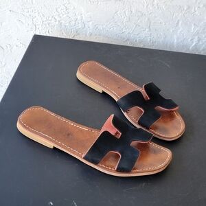 H Band Brown Leather Retro Boho Surf Casual Y2K Flat Slides Size 9